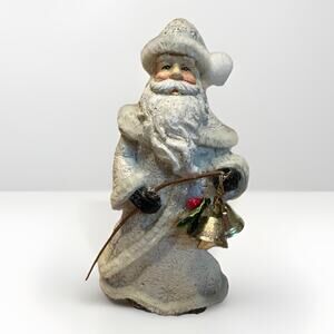 White Belsnickle Santa with staff and bells, 5”Ornament Figurine